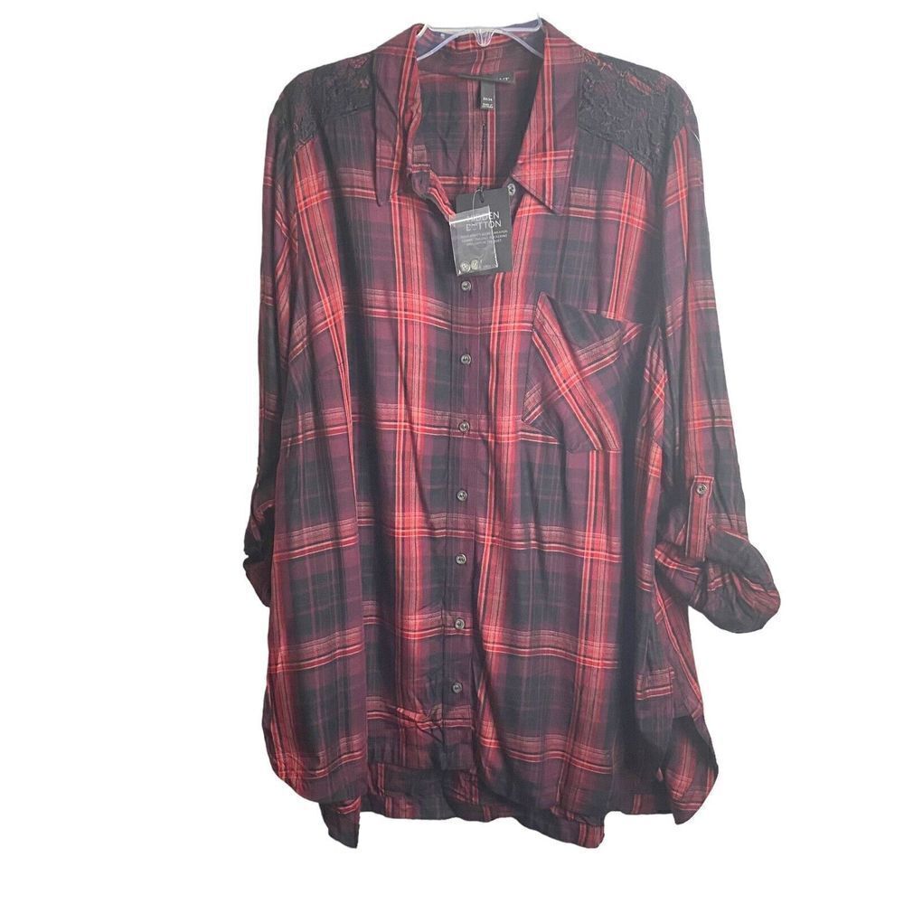 NWT Lane‎ Bryant Womens Button Up Top Long Sleeve Rayon Red Black 22/24 Plaid